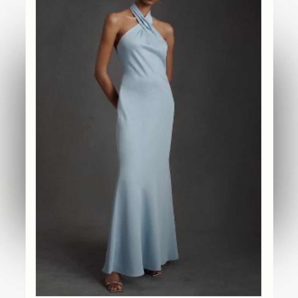 BHLDN RUBY TWIST HALTER SATIN GOWN - STORM CLOUD